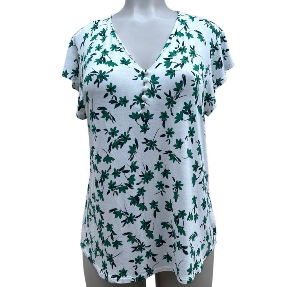 NWOT Liz Claiborne Top Women's Large Hyper Green Floral V-neck Rayon Blend